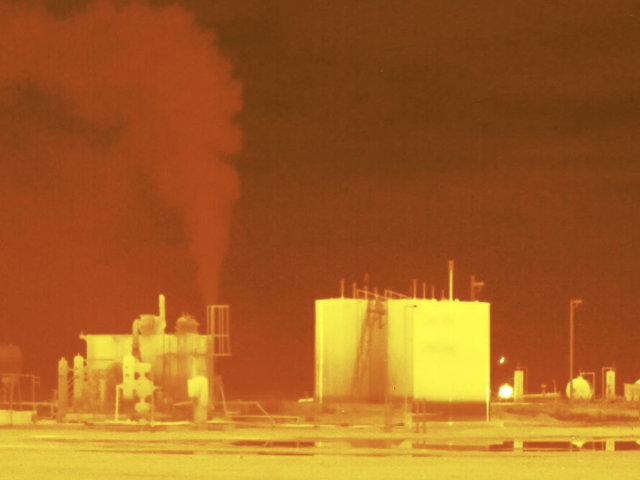 An image made with an infrared camera shows an emissions leak at MDC Texas Energy in Texas, 2019.