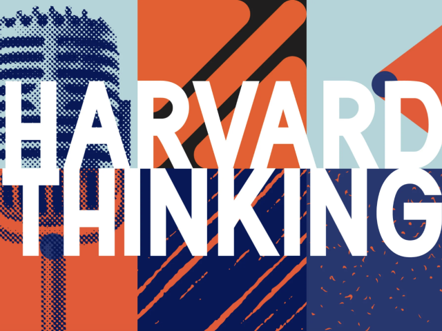 Harvard Thinking logo, featuring orange and blue squares with a microphone at left